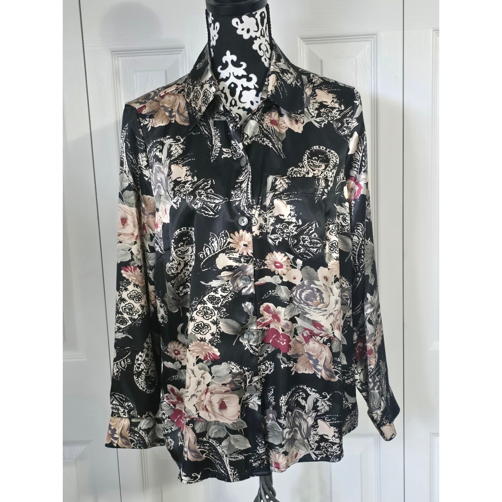 Naomi Womens Black Floral Paisley Satin Button Down Blouse Long Sleeve Size M